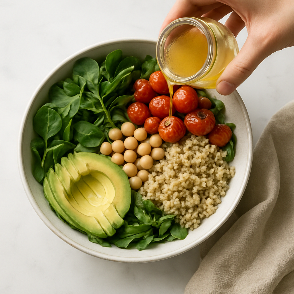 Bowl de salada saudável com abacate, grão-de-bico e folhas, com molho sendo despejado